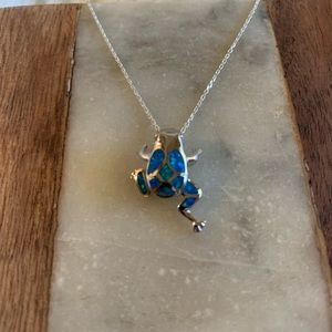 Opal blue and green Sterling Silver Frog Necklace Chain 16 inch Frog Necklace
